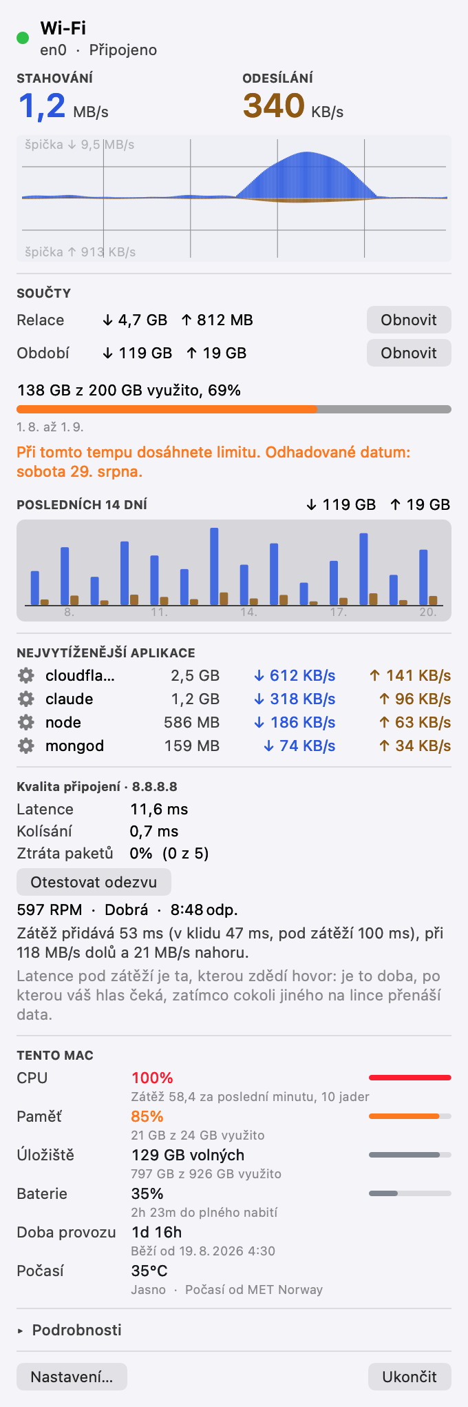 Panel Pinned s dokončeným testem odezvy: klidová latence, latence pod zátěží, rozdíl bufferbloatu mezi nimi, a údaj o počtu cyklů za minutu.