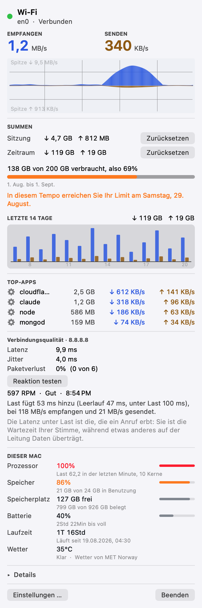 Das Pinned-Panel mit einem abgeschlossenen Reaktionstest: Leerlauf-Latenz, Latenz unter Last, die Bufferbloat-Differenz zwischen beiden, und ein Wert für Umläufe pro Minute.