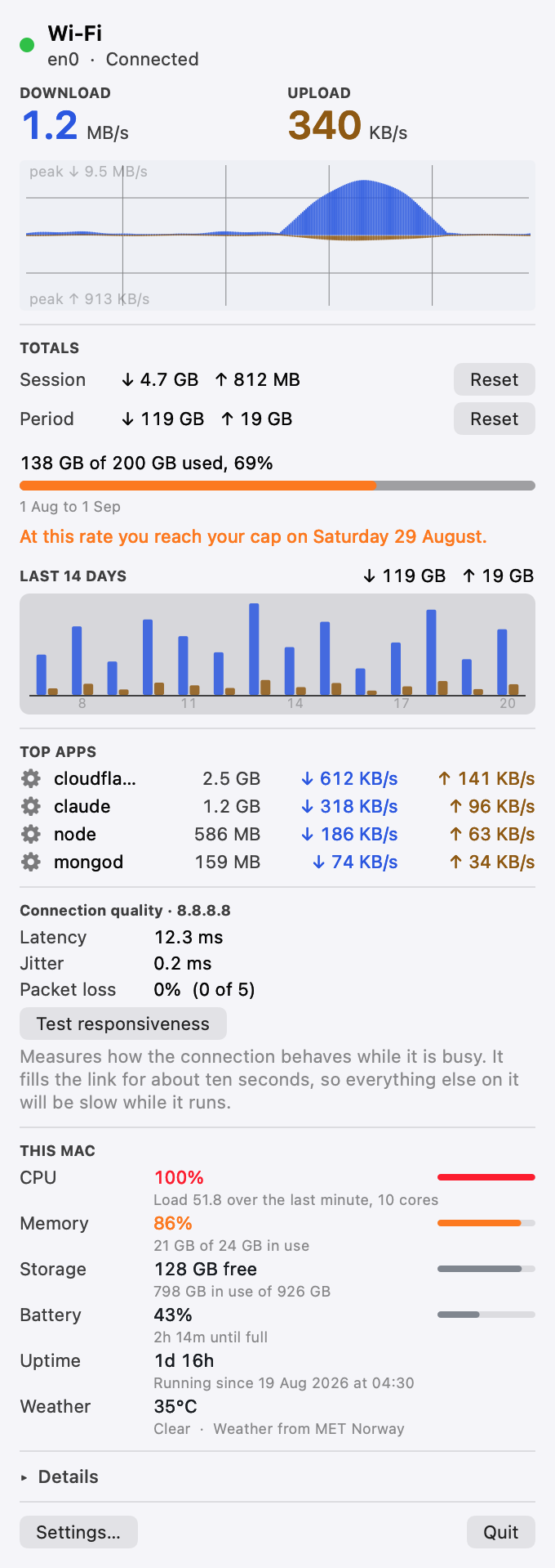 The Pinned panel: connection status, live download and upload, a throughput chart, session and period totals, the data cap with its forecast, and the applications using bandwidth.