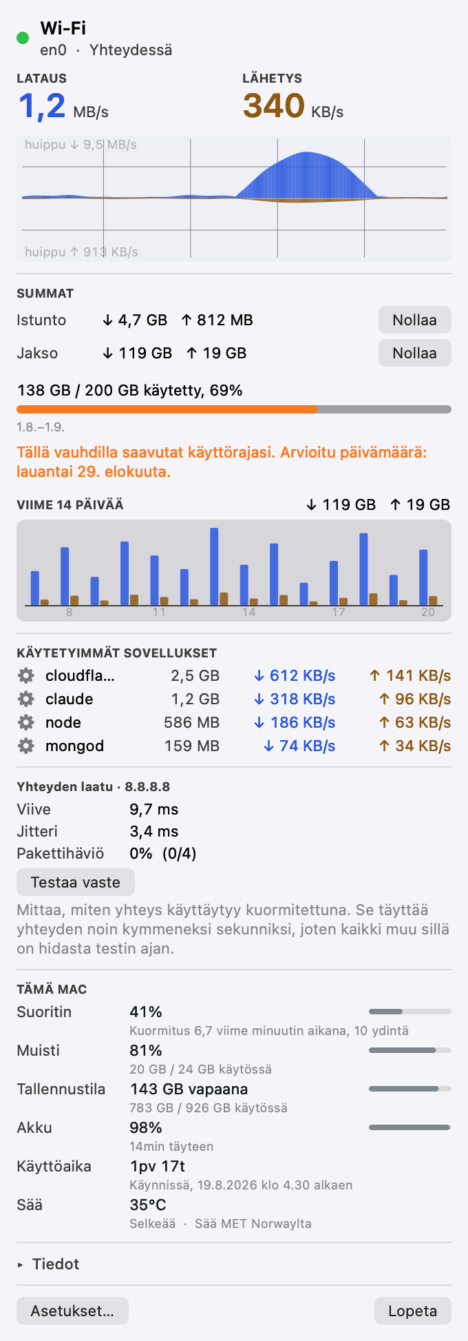 Pinned-paneeli: yhteyden tila, reaaliaikainen lataus ja lähetys, läpäisykaavio, istunnon ja jakson summat, käyttöraja ennusteineen, ja kaistaa käyttävät sovellukset.