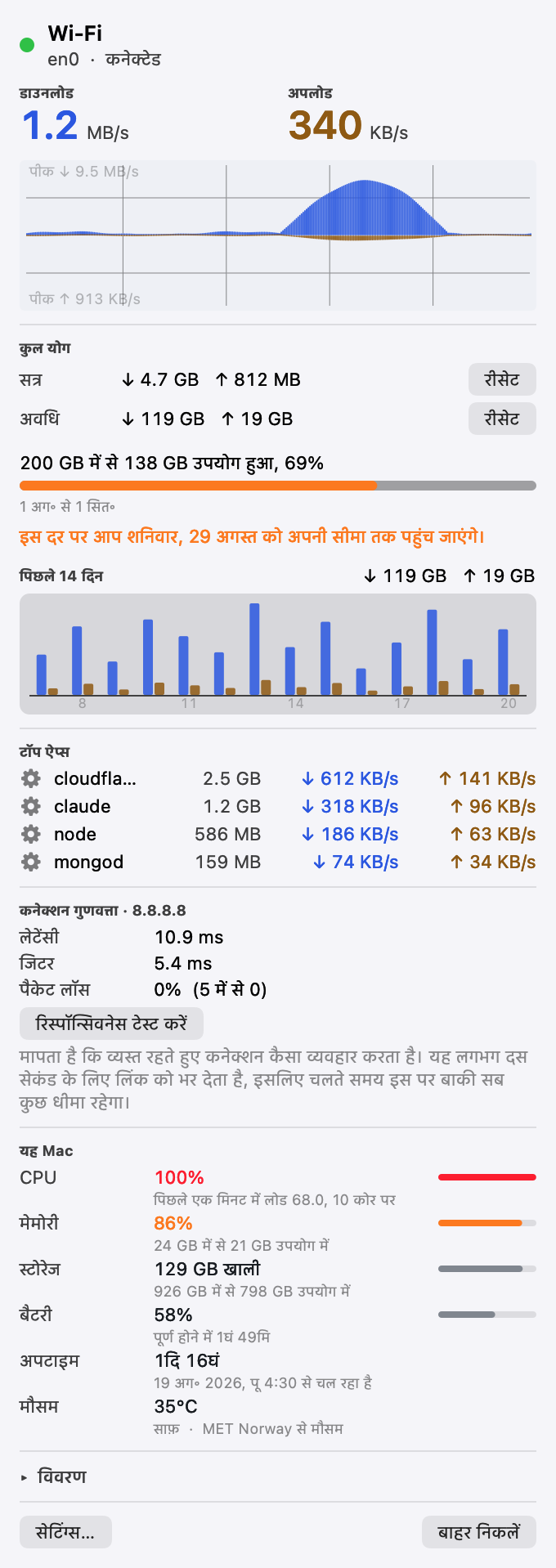 Pinned पैनल: कनेक्शन की स्थिति, लाइव डाउनलोड और अपलोड, एक थ्रूपुट चार्ट, सेशन और पीरियड के टोटल, डेटा कैप उसके प्रोजेक्शन के साथ, और बैंडविड्थ इस्तेमाल कर रहे ऐप्लिकेशन।