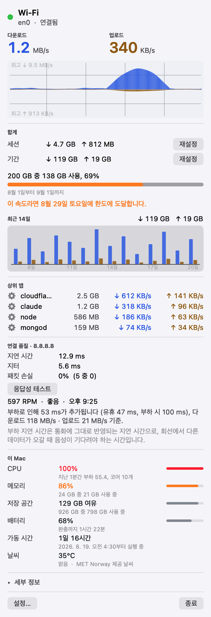완료된 응답성 테스트를 보여주는 Pinned 패널: 유휴 지연 시간, 부하 시 지연 시간, 둘 사이의 버퍼블로트 차이, 그리고 분당 왕복 횟수 수치.