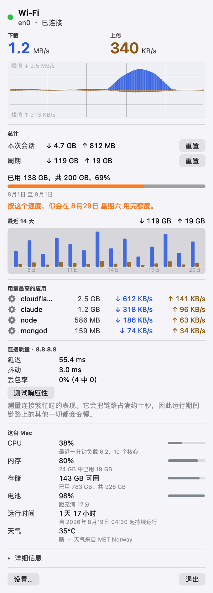 Pinned 面板：连接状态、实时下载和上传、吞吐量图表、本次会话与当前周期的总计、带预测的流量上限，以及正在使用带宽的应用程序。
