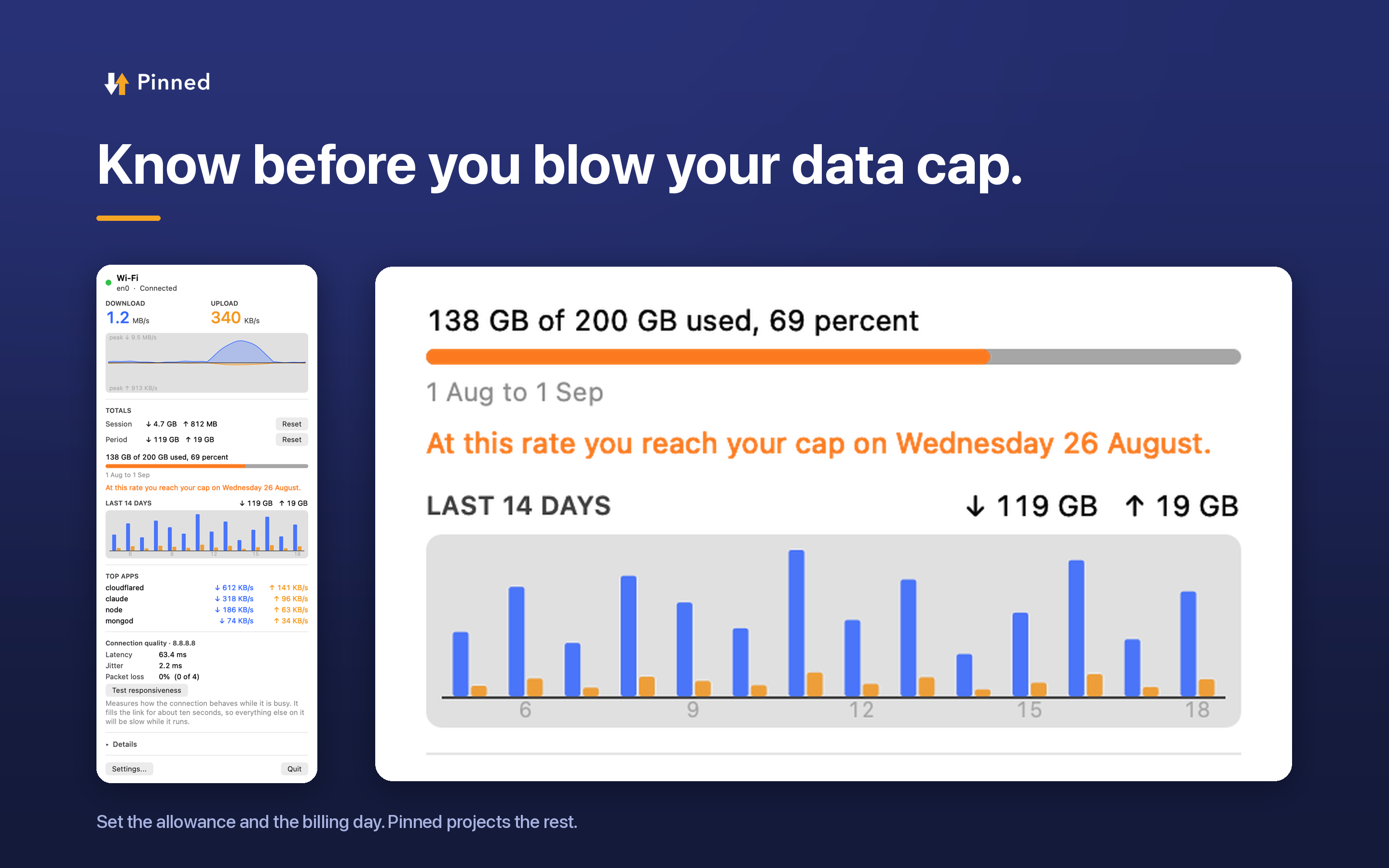 The Pinned panel showing data cap usage and a forecast for the billing cycle.