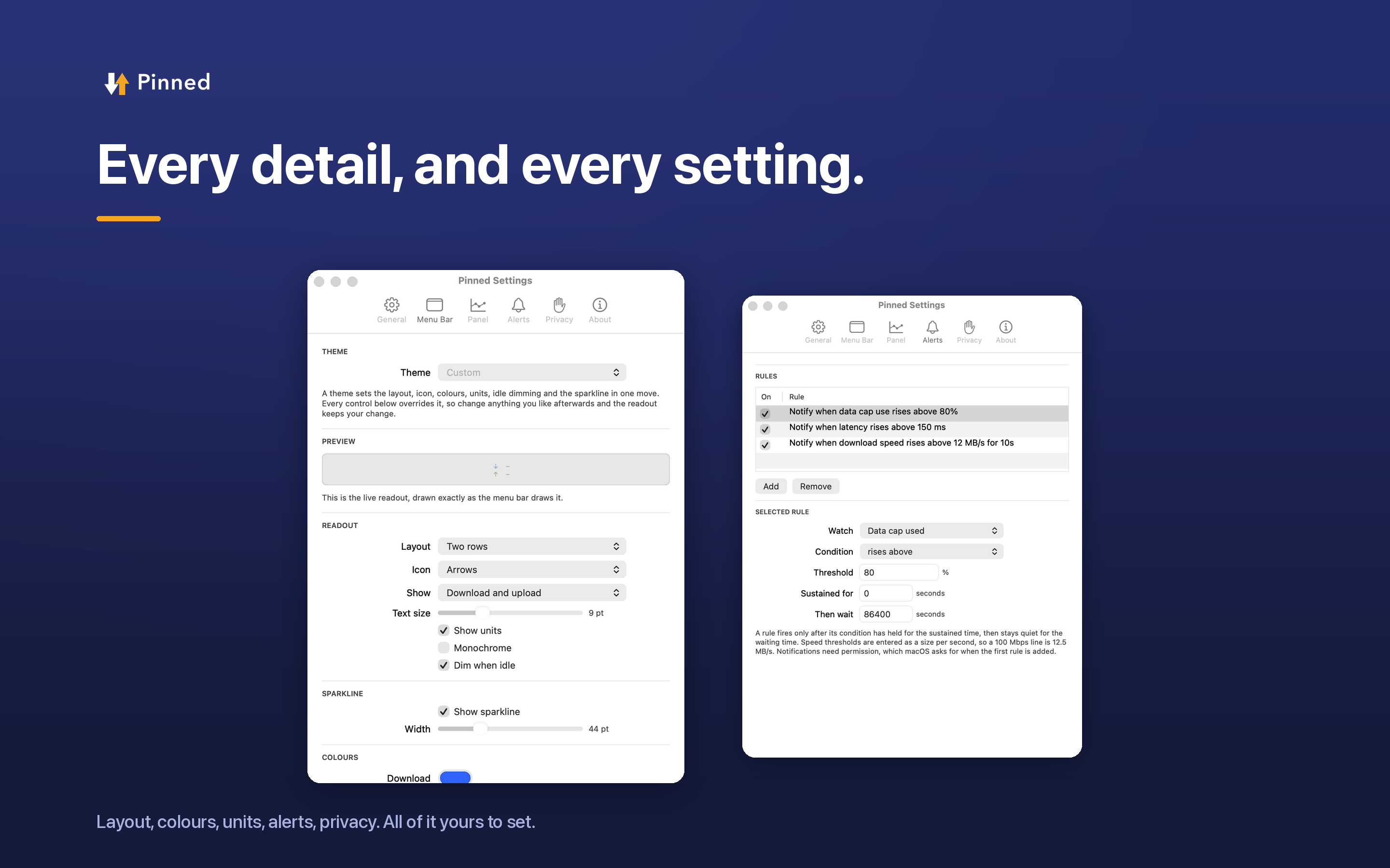 The Pinned settings window, showing the module picker.